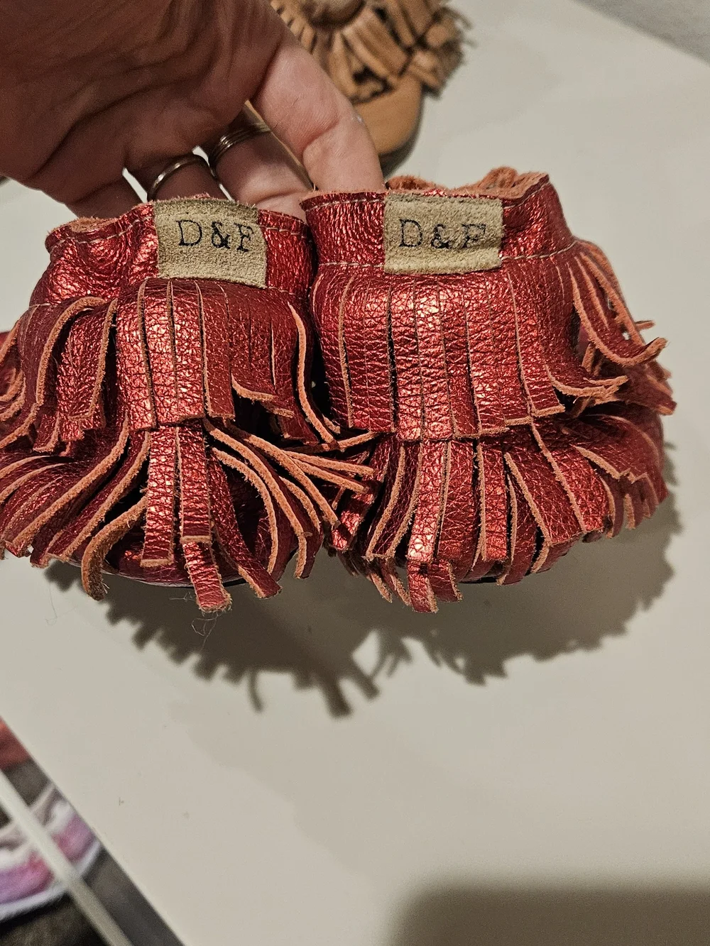 D&F Metallic Red Fringe Moccasin Shoes